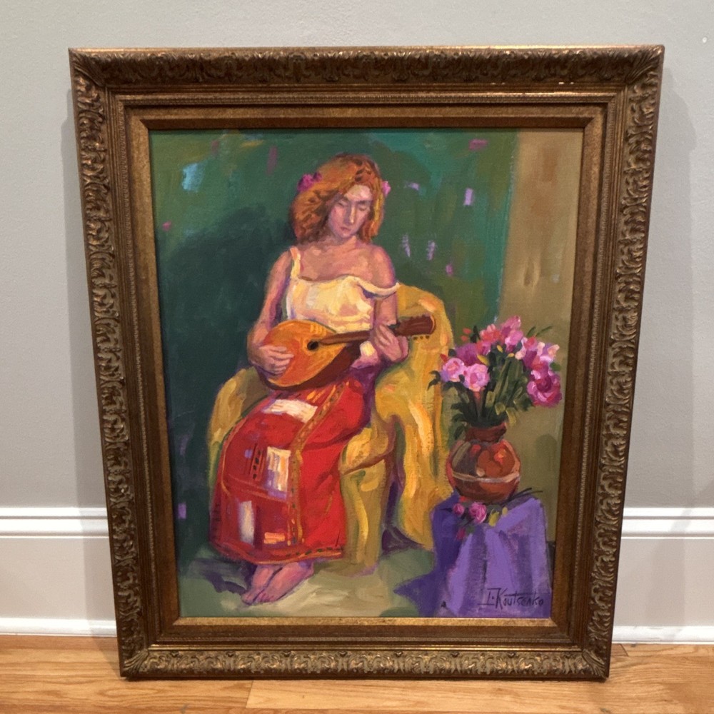 T. Koutsenko Signed Framed Expressionist Woman w/ Mandolin, 27×25”