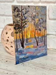 Original Oil Painting Sunset Winter Landscape Forest Impressionism Art Signed