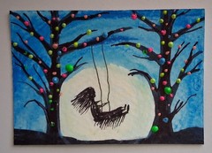 ACEO Art Card Girl Swinging in the Woods in the Moonlight – Warm & Carefree!