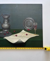 Dennis Ramsay 1974 Still Life Oil Painting Pewter Jug Cherries Drawing 20 X 24”
