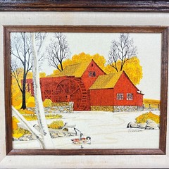 DONOVAN Fall Landscape Serigraph Painting Old Red Grist Mill 13”x 15” Framed