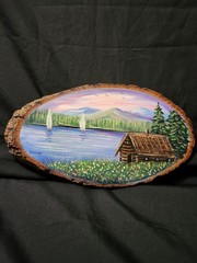 Mountain Cabin Landscape Painting On Live Edge Wood Slice Artist Signed Sailboat