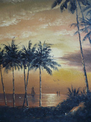 MYSTERY ART, KOREAN ARTIST NORTH AFRICAN SUNSET COASTAL PALMS CANVAS SIGNED OIL