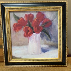 VTG Original Oil Painting “Red Tulips” By Bunny Oliver Signed Framed 16”x16”