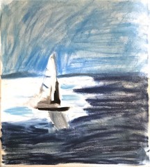 Seascape Sailboat Ocean Fishing Blue Original Art 11 by 14 Canvas