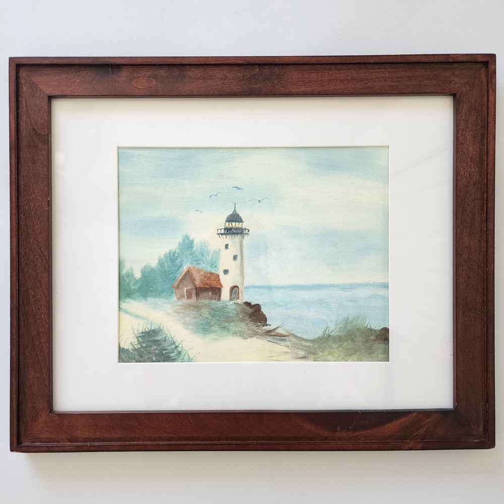 Vintage Lighthouse Watercolor Painting Framed Original Coastal Seascape Art