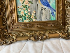 Framed Art, Hand Painted, Bird With Tree Nest, Flowers, Leaves, Gold Tone Frame