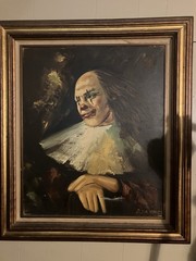 Vintage Clown Oil Painting Pierrot Portrait. D. Diamond Framed Original Art