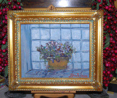 FRAMED SIGNED ORIGINAL OIL VIOLET FLOWERS ON POT A STILL LIFE ARTIST HECTO VIDAL