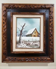 Everet Woodson Vintage Signed Oil Painting Barn Winter Landscape Scene 