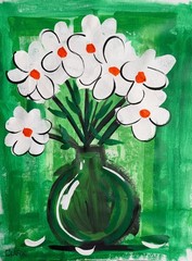 Original „White & Green Flowers – Set 2″ – Acrylic Painting 16×12“ Canvas Paper