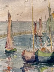 PAINTING PRISCILLA E. PERLEY SEASCAPE WATERCOLOR SAILBOATS HARBOR C1934