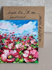 original oil painting Red Poppy Wildflowers Floral Landscape wall art 6*6 in