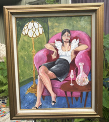 Reclining Woman in Pink Armchair, Fauvist Acrylic on Canvas, Framed, Unsigned