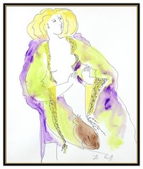 Linda Le Kinff Original Watercolor Painting Signed Female Figure Framed Artwork