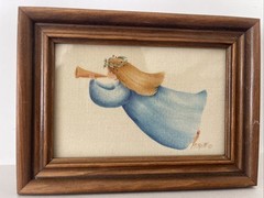 Theorem Painting Velvet Folk Art Framed Angel Trumpet Signed 4.75×6.25” Vintage