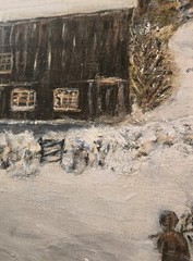 VTG Oil Painting Framed Landscape Snow with Christmas Tree and Barn Signed Art