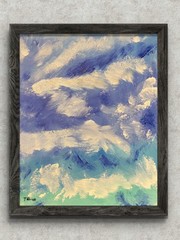 Original Abstract Ocean Painting Coastal Acrylic Art Blue White Waves Clouds