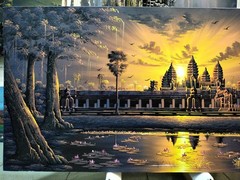 Wall Decoration of Angkor Wat Temple Oil Painting Signed 70cm x 140cm