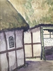Realism Old Farm in Sweden Thatched Barn Rural Watercolor