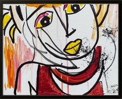 Woman Face Drawing Abstract Yellow Lips Wall Art Painting 11×14 OOAK