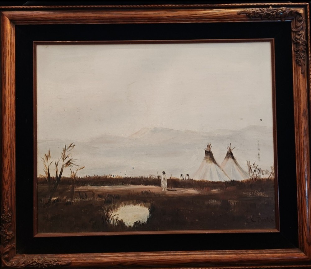 C.L. Parks Framed Signed Canvas Painting Realism Western Teepee Landscape