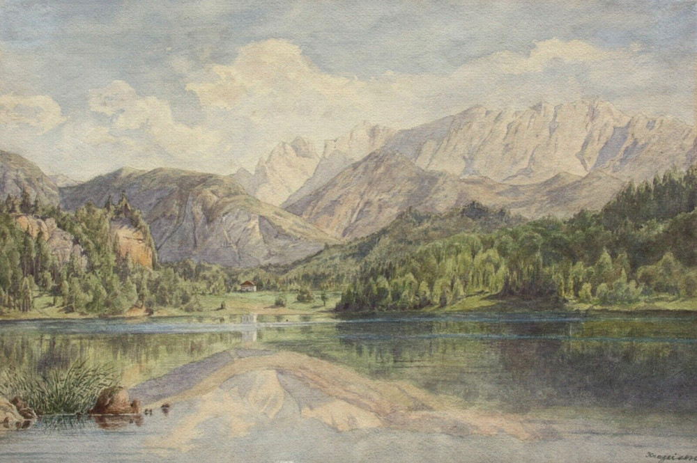 Alpine Mountain Landscape, High Mountain Lake, Signed „Krageisere“, 19th/20th century