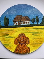 MINI ROUND CANVAS PAINTING ON 6 INCHES WOODBOARD DOG LANDSCAPE VILLAGE FARM