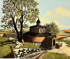 H Hargrove Round Wood Bard Pitch Hay Weathervane Rock Wall Summer 8×10 Canvas