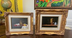 2 Vtg Richard Weers Oil on Canvas Still Life Fruits And Brass Jar Painting Art