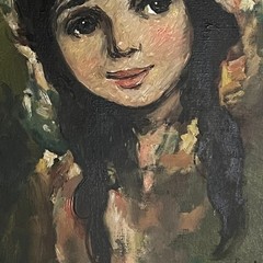 Salvadore Cabrera Girl Big Eyes Vintage Oil Painting Portrait Bonnet Signed 1978