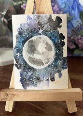 ACEO Original Moon Night Sky Landscape Painting Watercolor Nicole Tiffany Art
