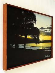 VTG 1980s CALIFORNIA OCEAN BEACH DRAMATIC SUNSET PALMS TROPICAL PAINTING SIGNED