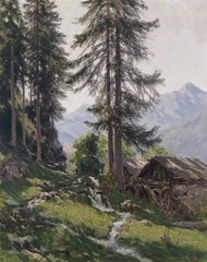Nice Oil painting charming landscape with Evergreen trees pine tree on the hill