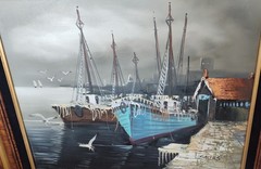 Authentic Original Signed L. Sallas Painting Fishing Boats Ships Nautical Dock