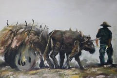 2 Paintings on Canvas of Animal Drawn Carts People Working – Unsigned