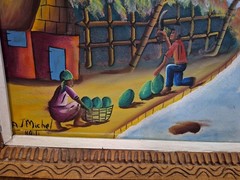 Vintage Haitian Folk Art Painting Signed A.J. Michel Hand Painted 26″ X 33″ EUC