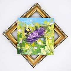 Bumblebee Thistle Oil Painting Floral Nature Framed Original Art 4×4 Decor