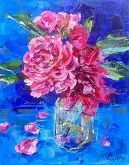 Floral Pink and Red Roses Flowers in a Glass Vase Oil Painting Canvas 20×16 Inch