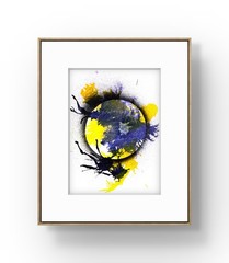 Original Planet Earth Painting 5×7 Watercolor Yellow Blue Black Signed