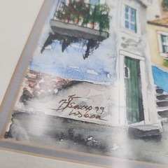 Vintage Framed Watercolor Painting Lisbon 1999 Village Street 11×9″ Artist Sign