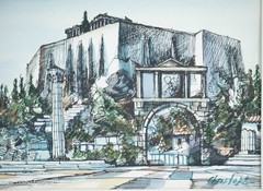 Beautiful Vintage Hans Christoph Watercolor Painting Acropolis Athens Greece 5/5