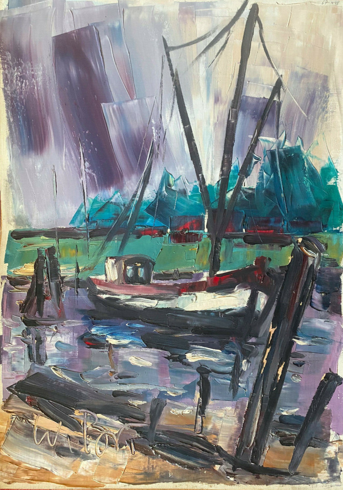 Oil Painting Signed W. Por ? Fishing Boat IN Port Expressive Colors
