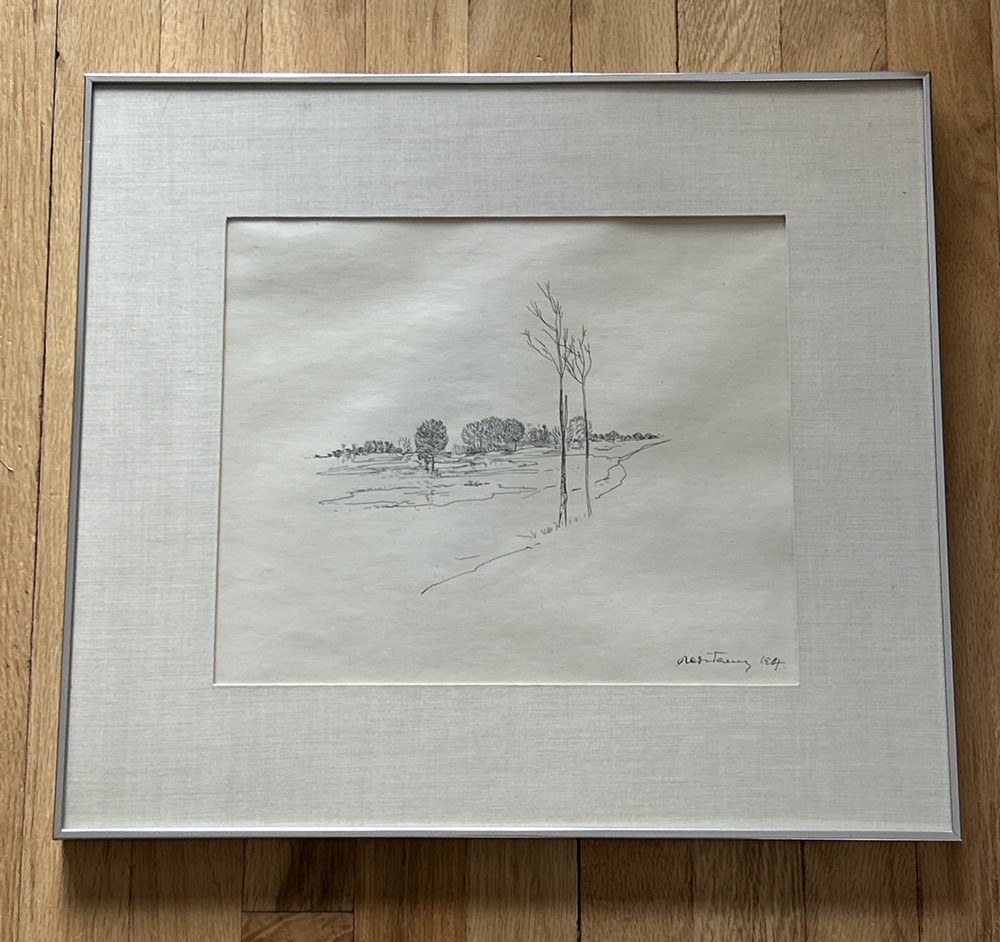 Vintage MCM Ink on Paper Illegibly Signed Hungarian Line Drawing Landscape