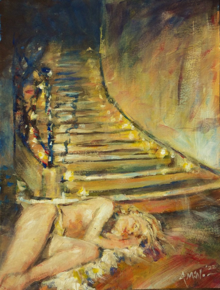 GERRY MILLER-.One-of-a-kind Artwork „Stairs“ Acrylic Paint on Paper.30x40cm.