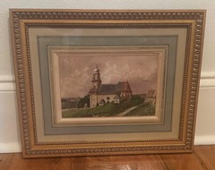 Antique 19th c Signed French Watercolor Landscape Painting, Church Countryside