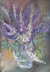 Original Purple White Flowers Still Life Dry Pastel Painting 8.3×11.4 in