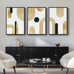Large Framed Abstract Geometric Canvas Art 3PC Gold Black White 24×36