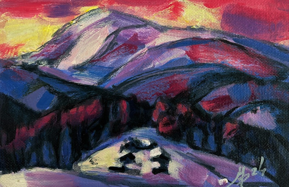 Acrylic Painting Pink Sunset Behind The Mountains M. Patskan Original nAAA4903