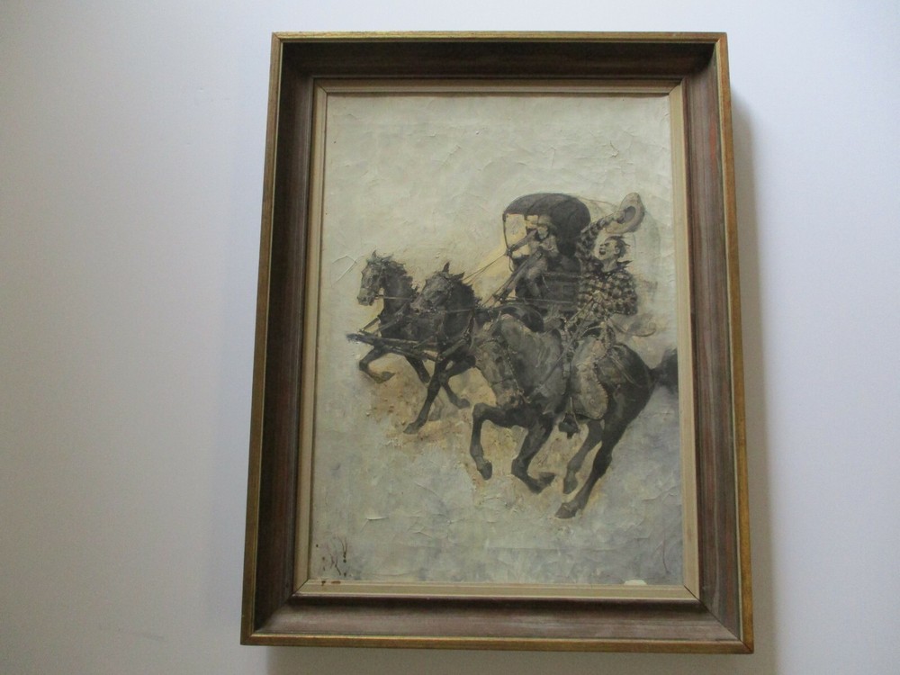 ANTIQUE OIL PAINTING ILLUSTRATION ART 1910’S WESTERN WAGON HORSE COWBOY ART OLD